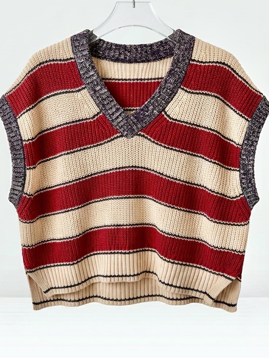 Olivaceous Tops - OLIVACEOUS Chunky Knit Striped Crop Vest, Preppy V-Neck, Red/Beige, L